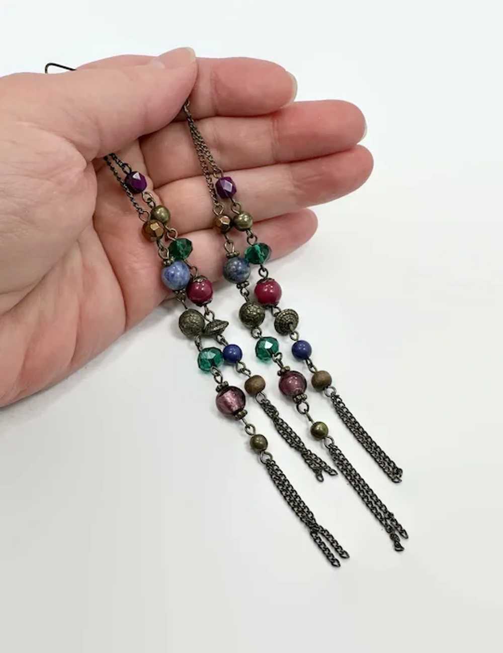 Boho Earrings, 6" Long, Glass Beads, Shoulder Dus… - image 4