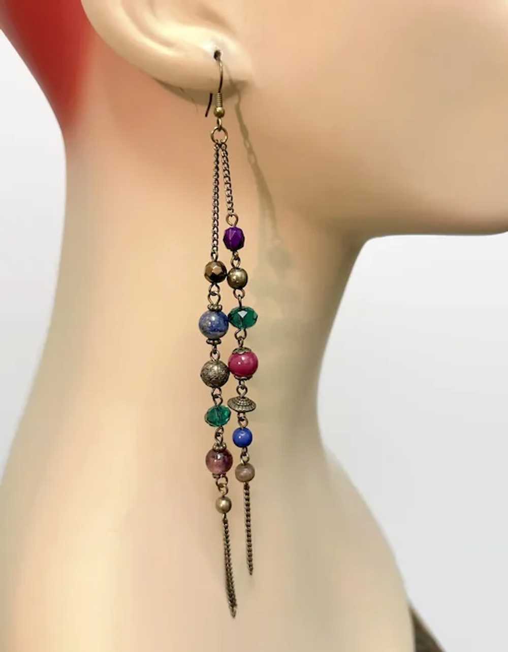 Boho Earrings, 6" Long, Glass Beads, Shoulder Dus… - image 5