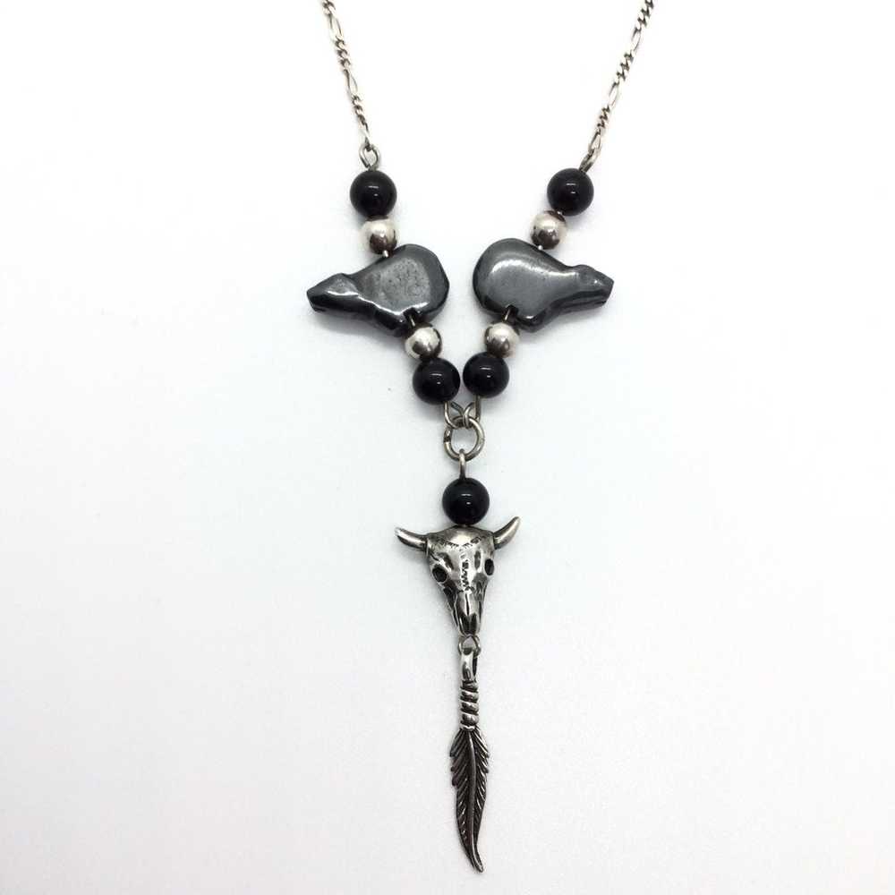 BULL HEAD FEATHER HEMATITE ONYX NECKLACE - image 1