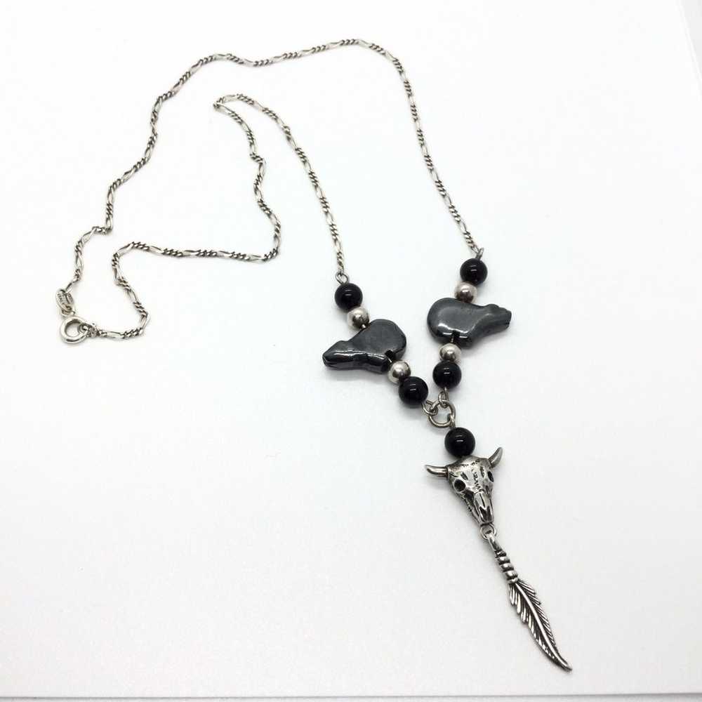 BULL HEAD FEATHER HEMATITE ONYX NECKLACE - image 2