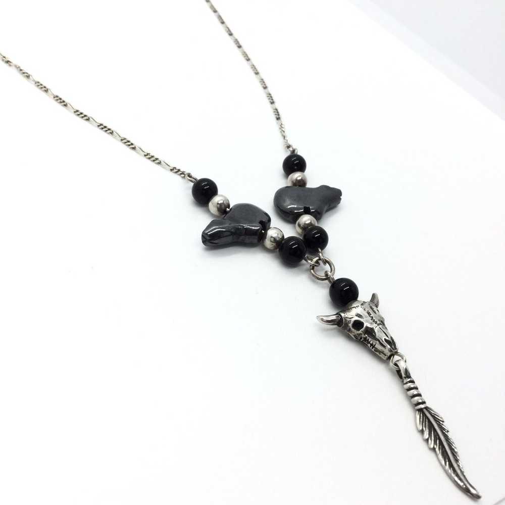 BULL HEAD FEATHER HEMATITE ONYX NECKLACE - image 3