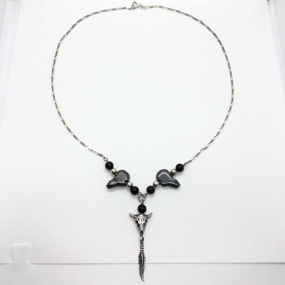 BULL HEAD FEATHER HEMATITE ONYX NECKLACE - image 5