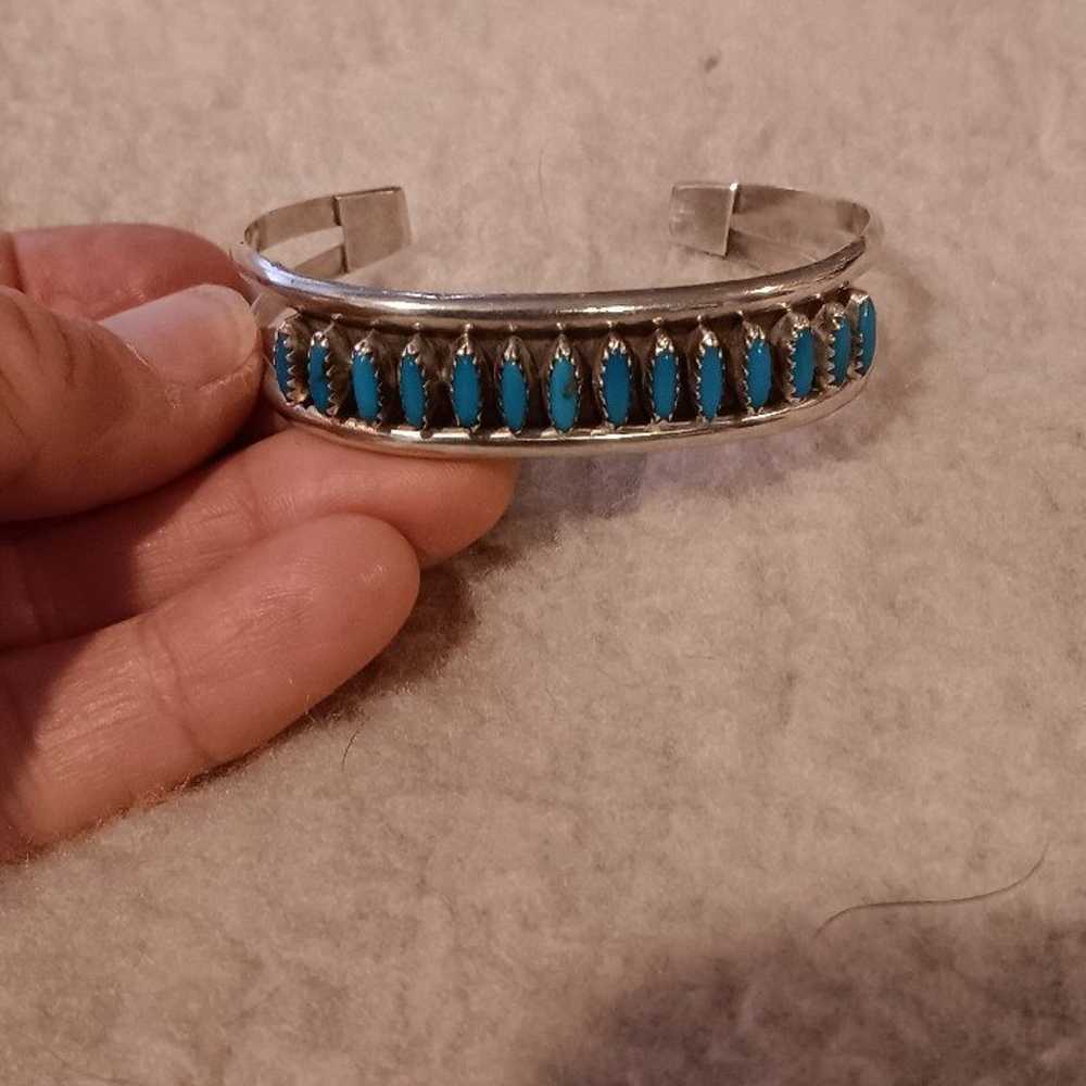 Silver and turquoise needlepoint bracelet vintage - image 3