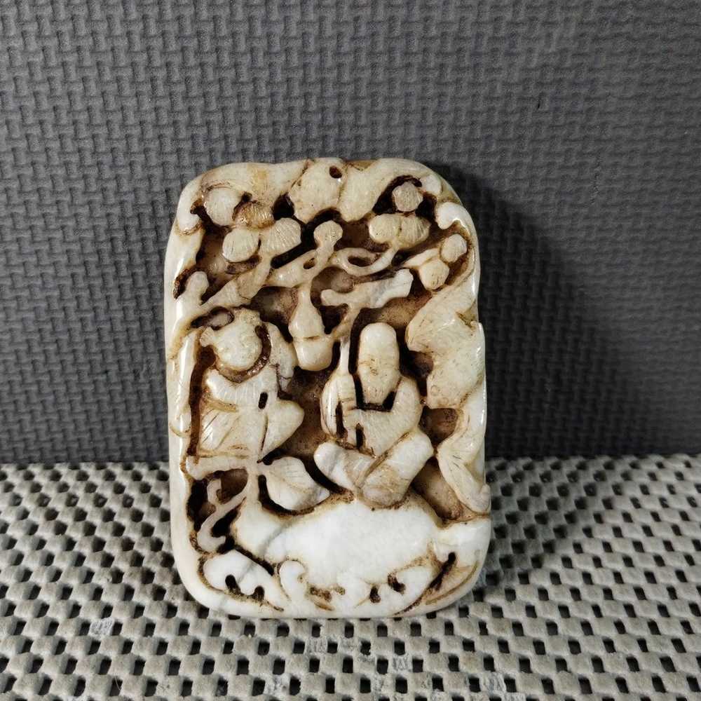 Vintage Chinese Hand Carved White Stone Pendant - image 1