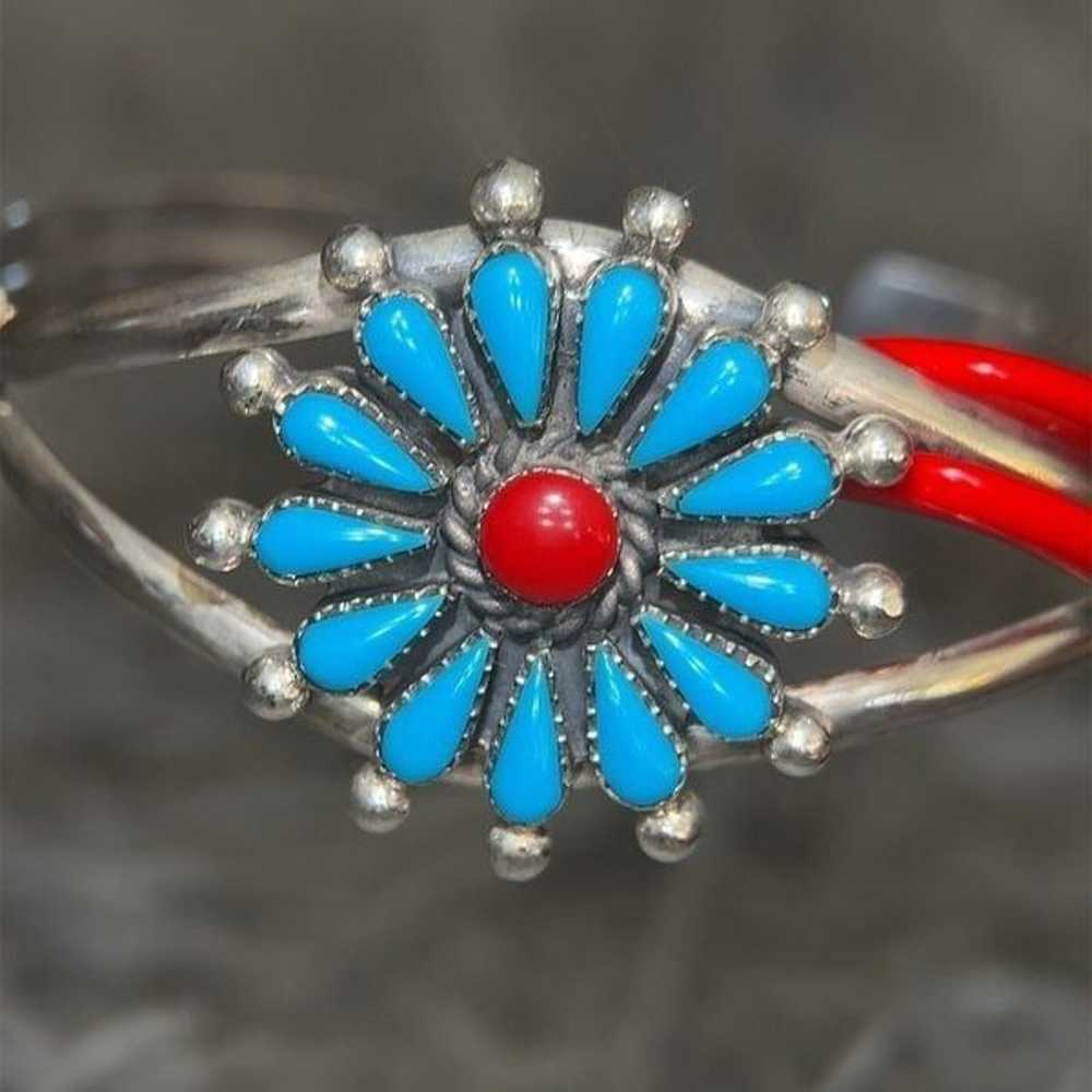 Gorgeous Sterling Silver 925 Turquoise & Coral Fl… - image 4