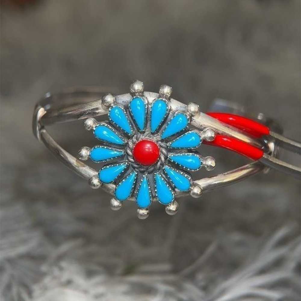 Gorgeous Sterling Silver 925 Turquoise & Coral Fl… - image 5