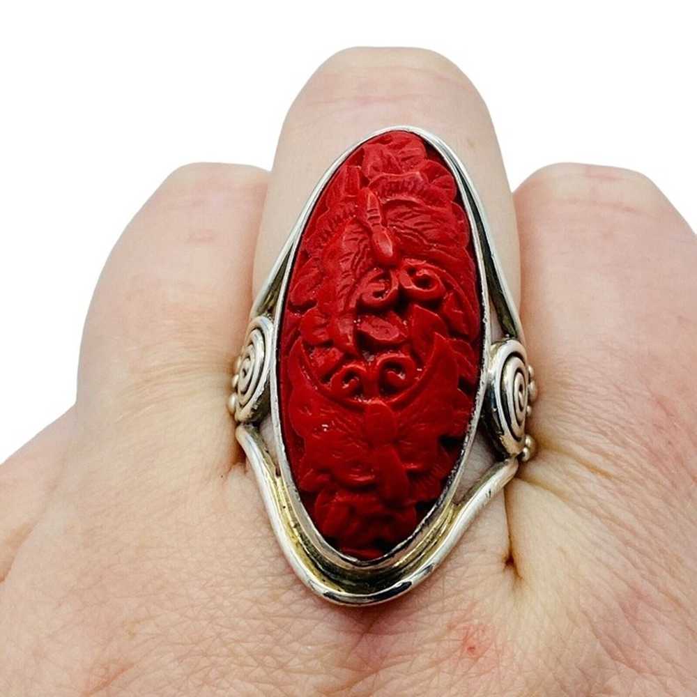 Sajen Sterling Silver 925 Red Carved Cinnabar But… - image 1