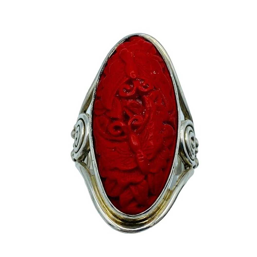 Sajen Sterling Silver 925 Red Carved Cinnabar But… - image 2