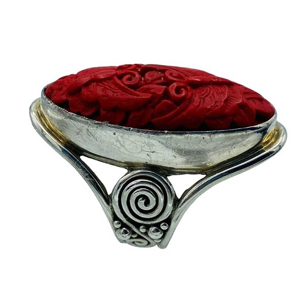 Sajen Sterling Silver 925 Red Carved Cinnabar But… - image 3