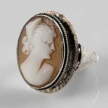 Antique Carved Shell 800 Silver Cameo Ring-1910s