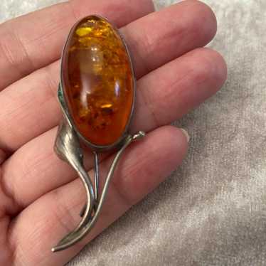 Vintage Baltic Amber and Sterling Silver Brooch - image 1