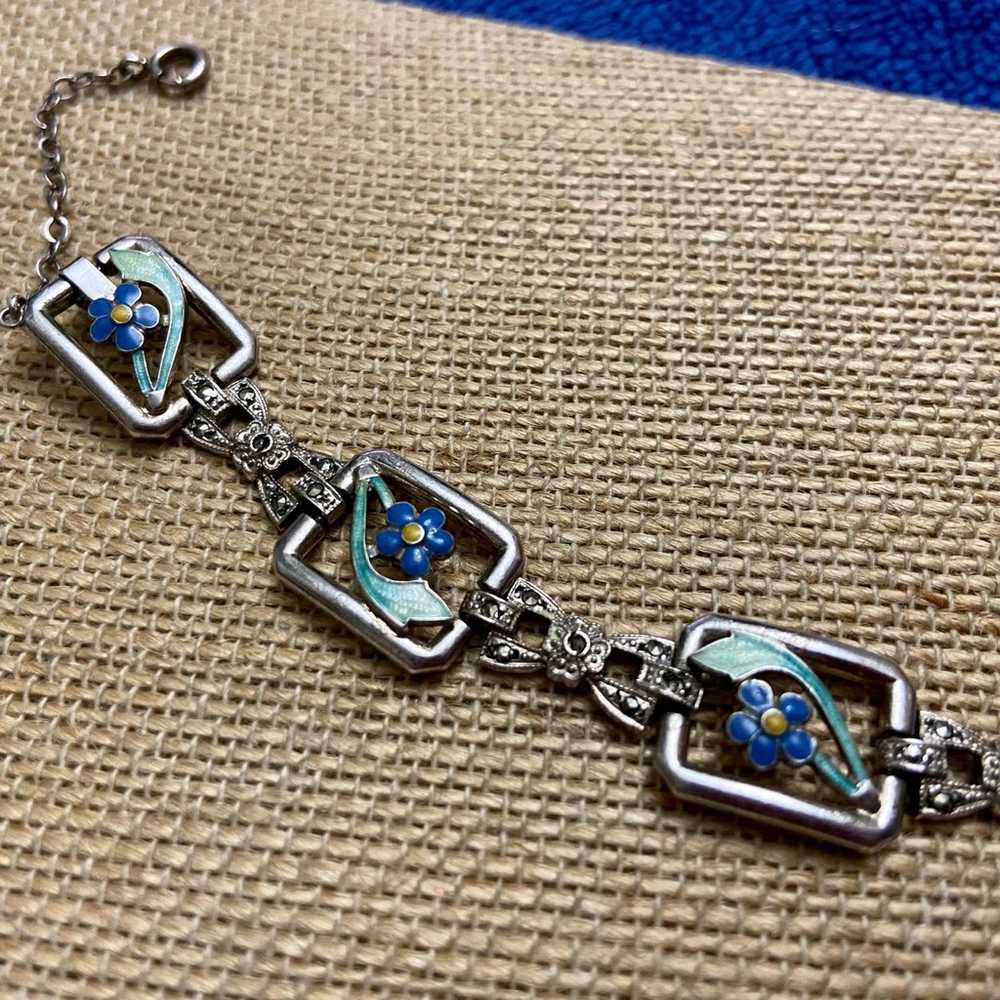 Sterling & Blue Enamel Flower Bracelet, Sterling … - image 3