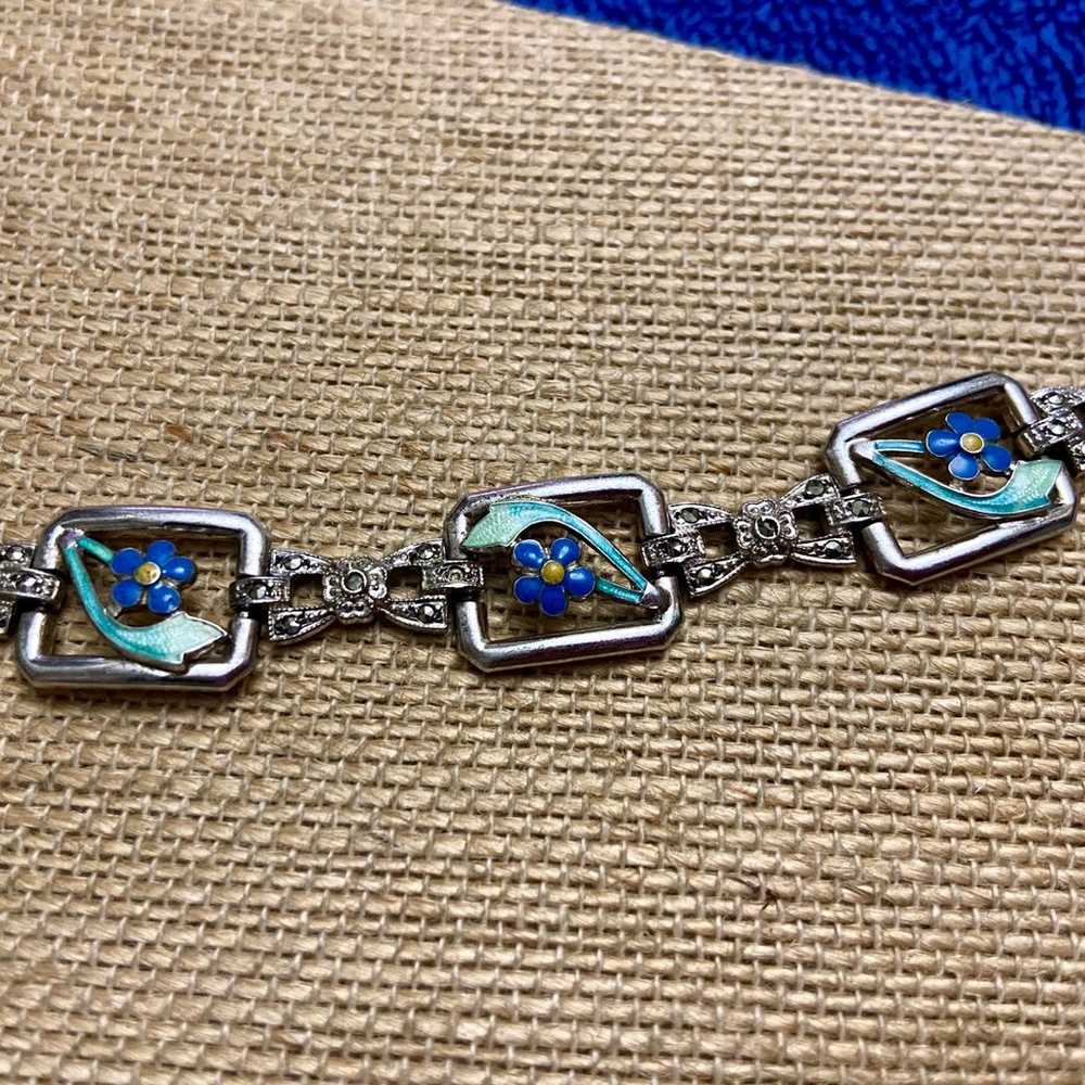 Sterling & Blue Enamel Flower Bracelet, Sterling … - image 4