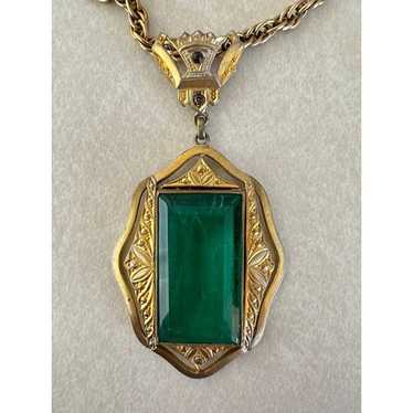 Antique 1930s Art Deco yellow gold gilt emerald g… - image 1