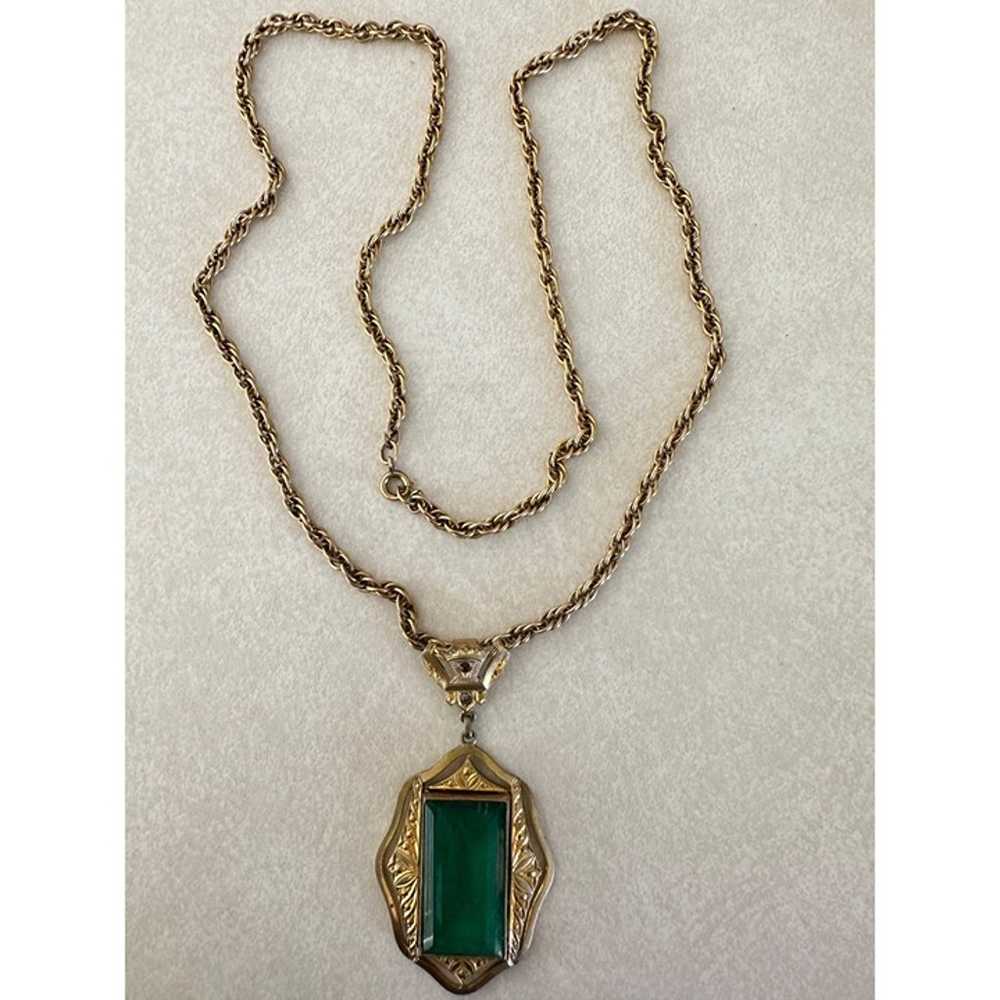 Antique 1930s Art Deco yellow gold gilt emerald g… - image 2