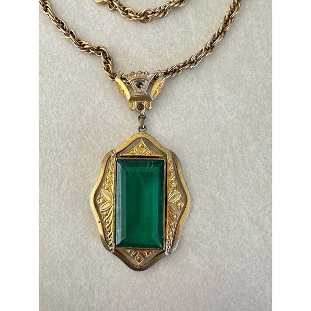 Antique 1930s Art Deco yellow gold gilt emerald g… - image 3