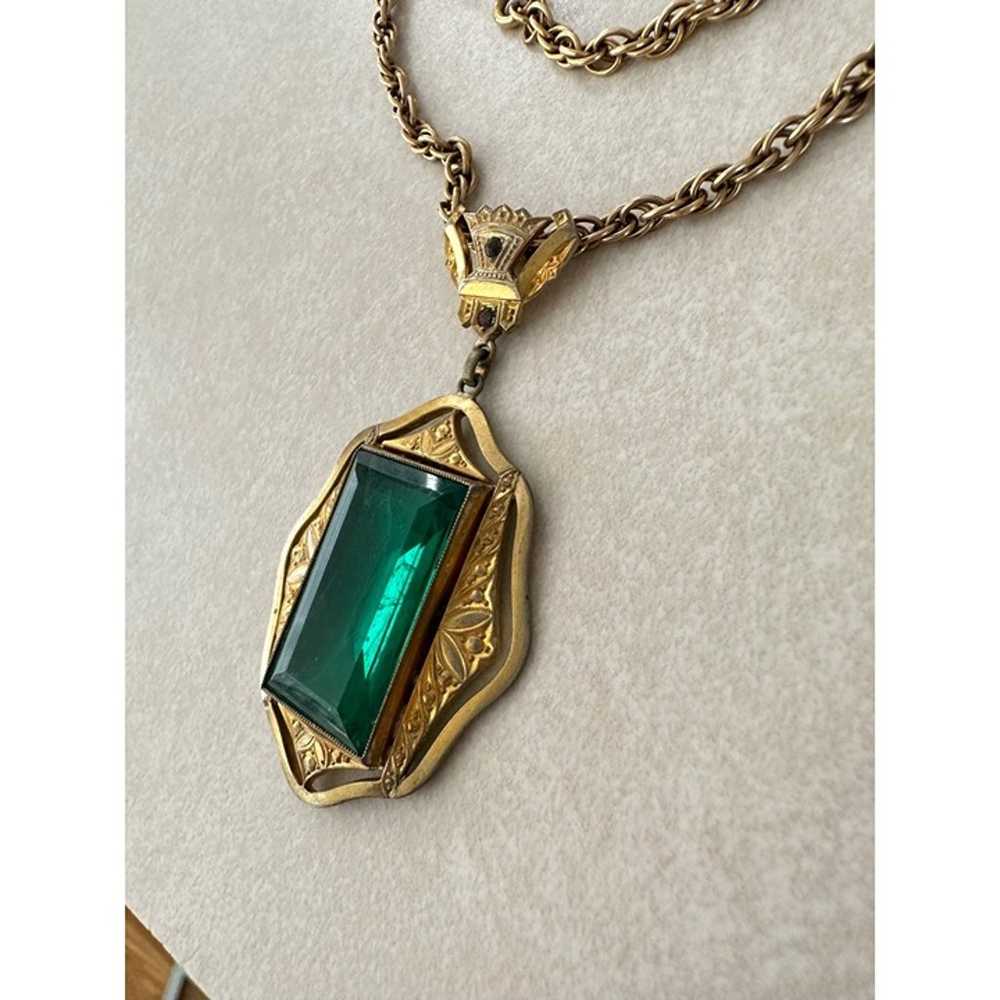 Antique 1930s Art Deco yellow gold gilt emerald g… - image 4