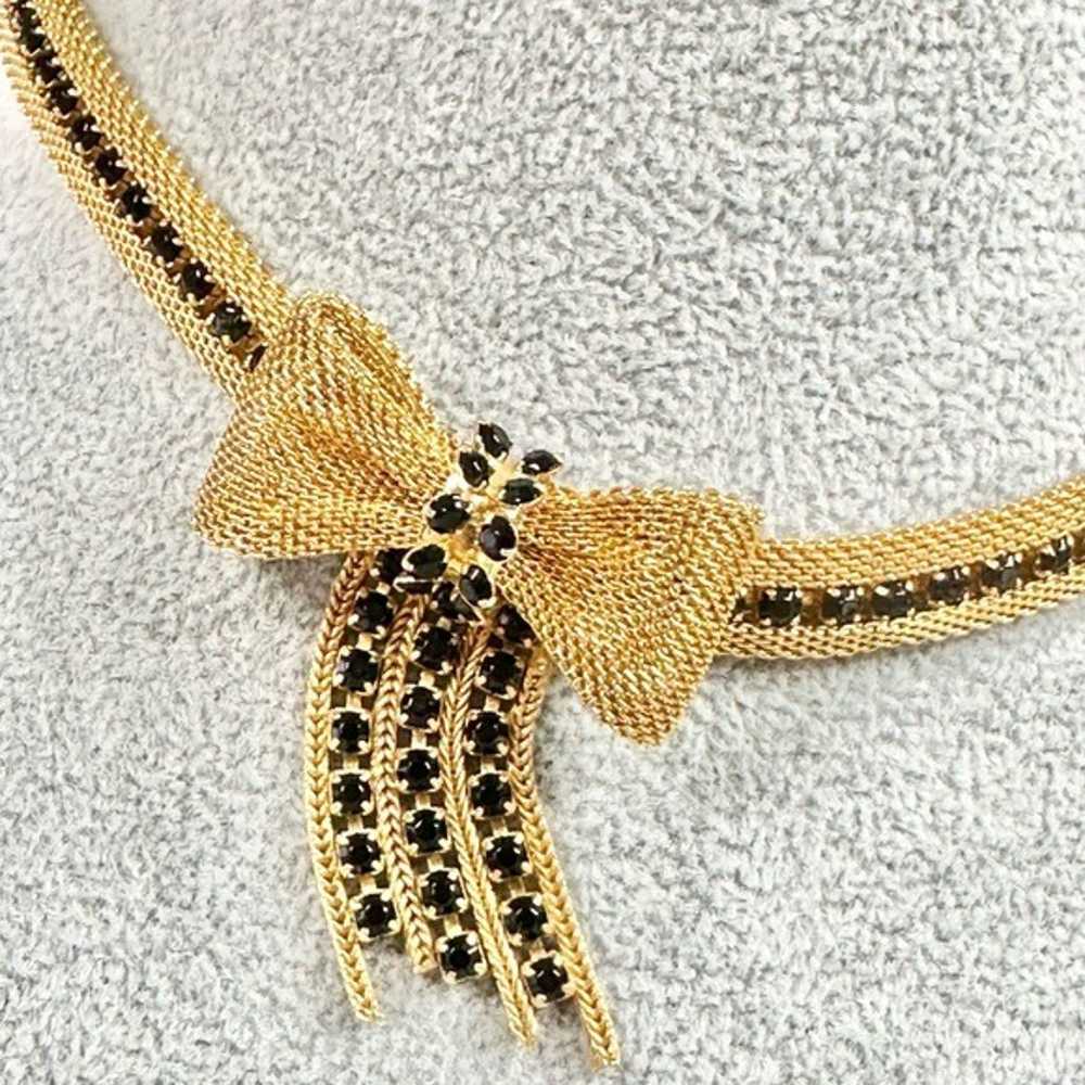 Vintage Gold Tone Mesh And Black Rhinestone Bow T… - image 2