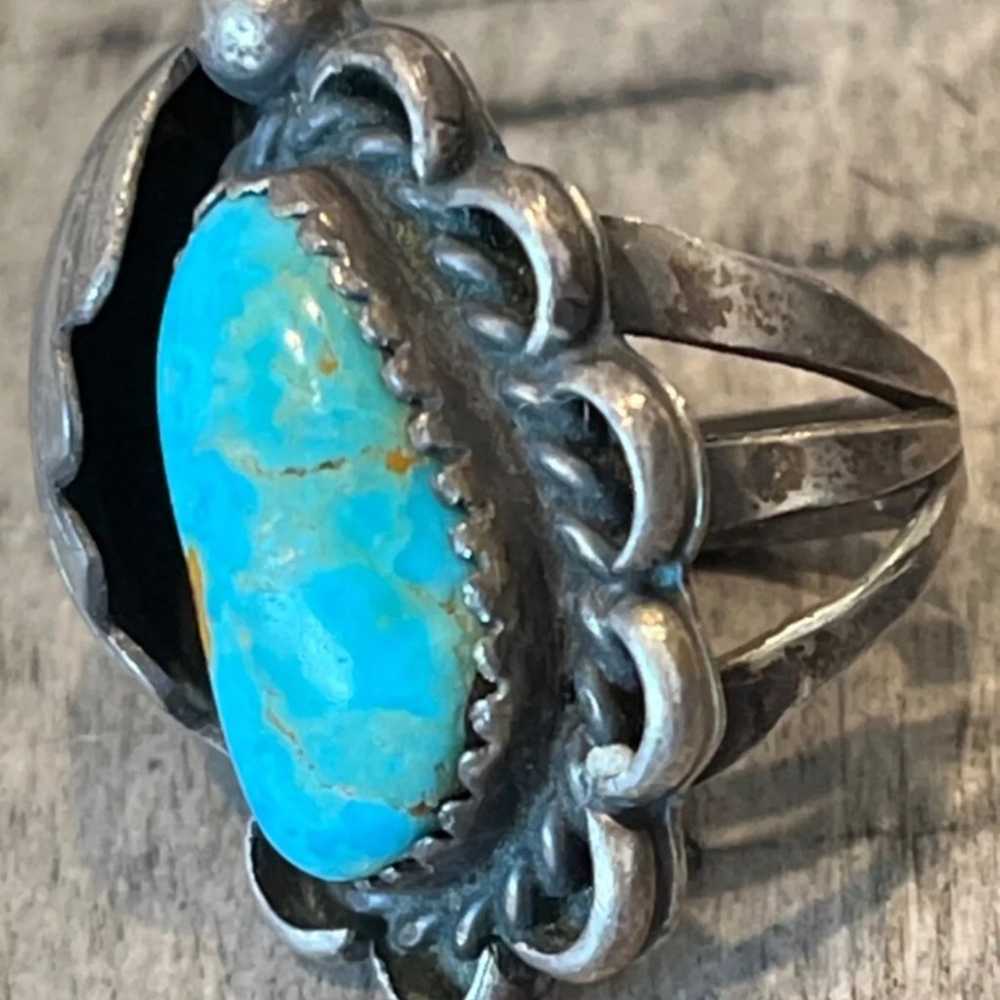 Old pawn heavy sterling silver turquoise s6.75 ri… - image 2