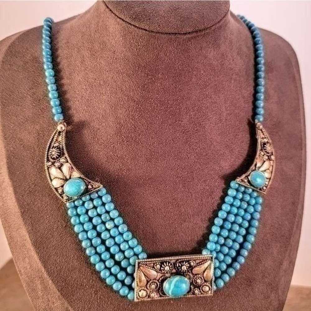 Vintage 900 Silver Turquoise Beaded Bib Boho Stat… - image 1