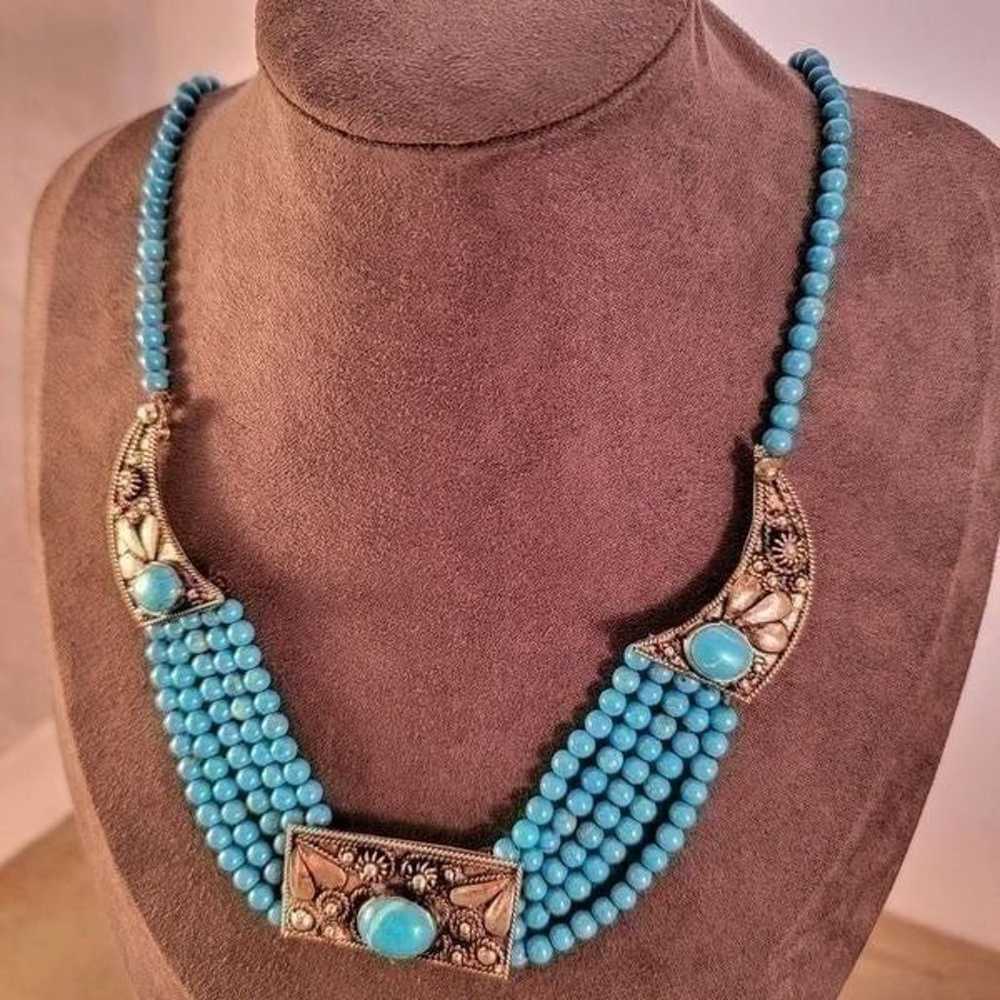 Vintage 900 Silver Turquoise Beaded Bib Boho Stat… - image 2