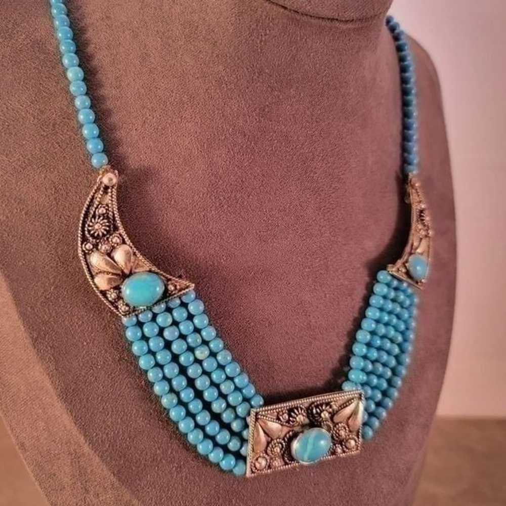 Vintage 900 Silver Turquoise Beaded Bib Boho Stat… - image 3