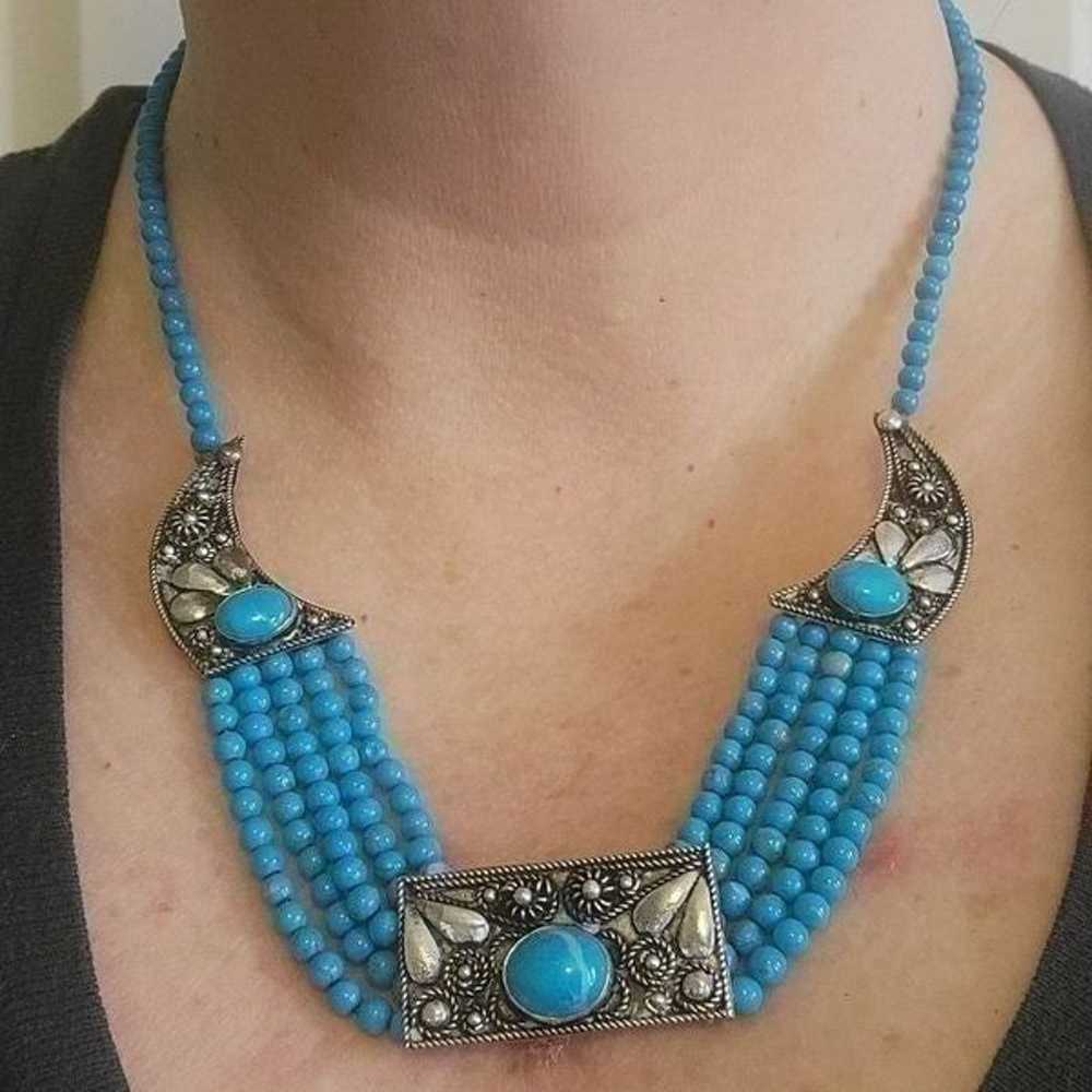 Vintage 900 Silver Turquoise Beaded Bib Boho Stat… - image 4