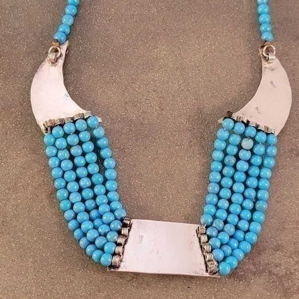 Vintage 900 Silver Turquoise Beaded Bib Boho Stat… - image 9