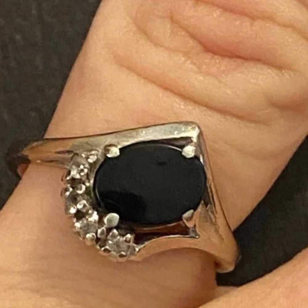 Vintage 10K White Gold Black Agate & Diamond Ring - image 1