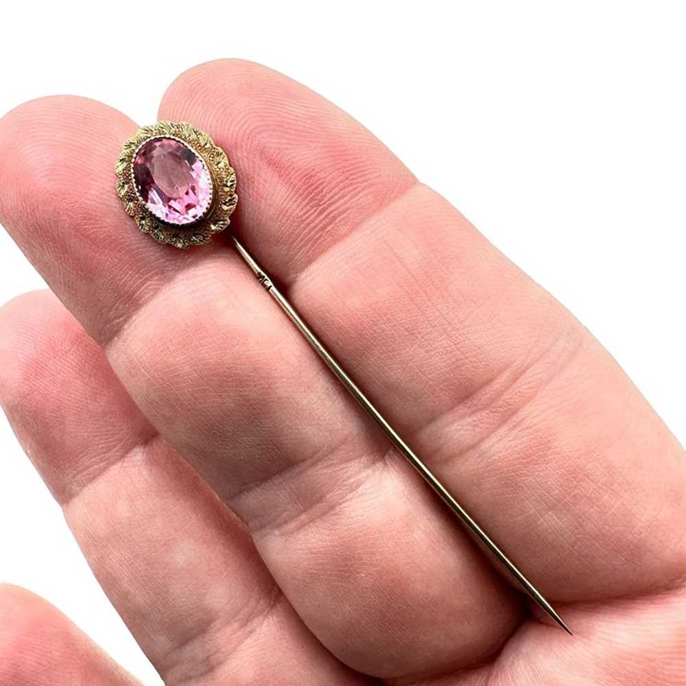 Antique 10K Yellow Gold  Oval Pink Glass Stone St… - image 2