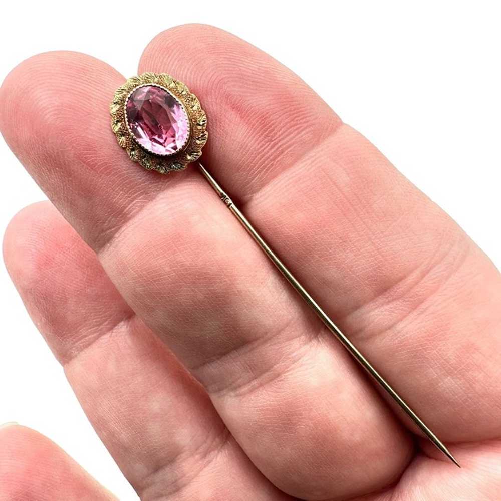 Antique 10K Yellow Gold  Oval Pink Glass Stone St… - image 3