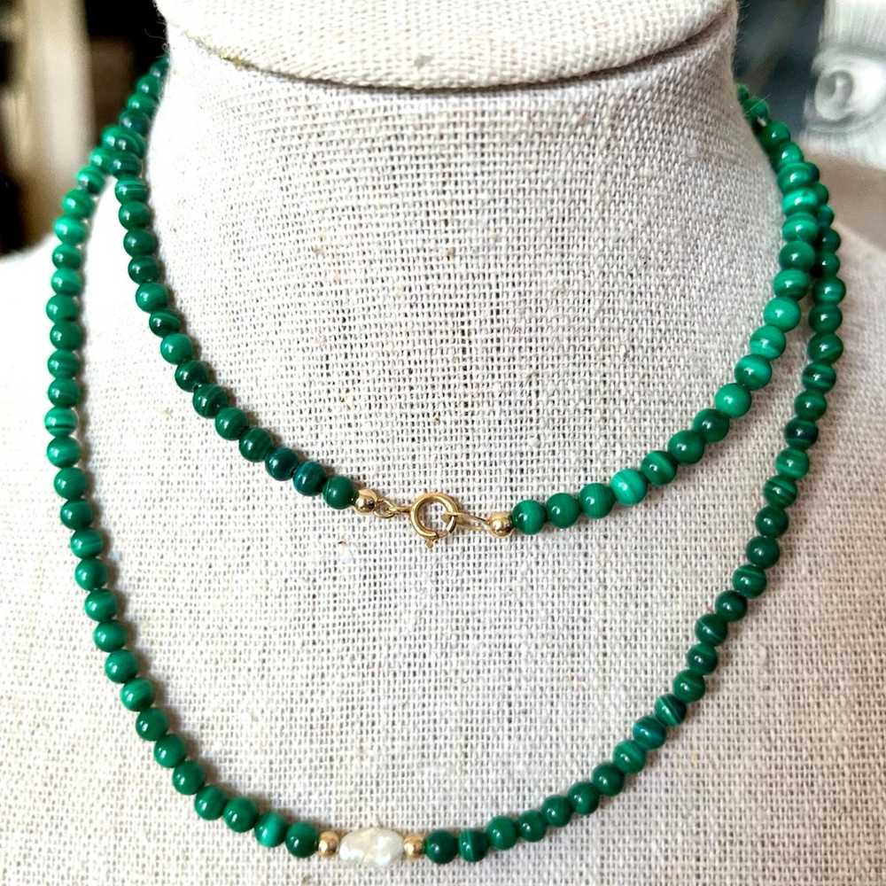 Vintage Malachite Pearl and 14k Gold Beaded Neckl… - image 1