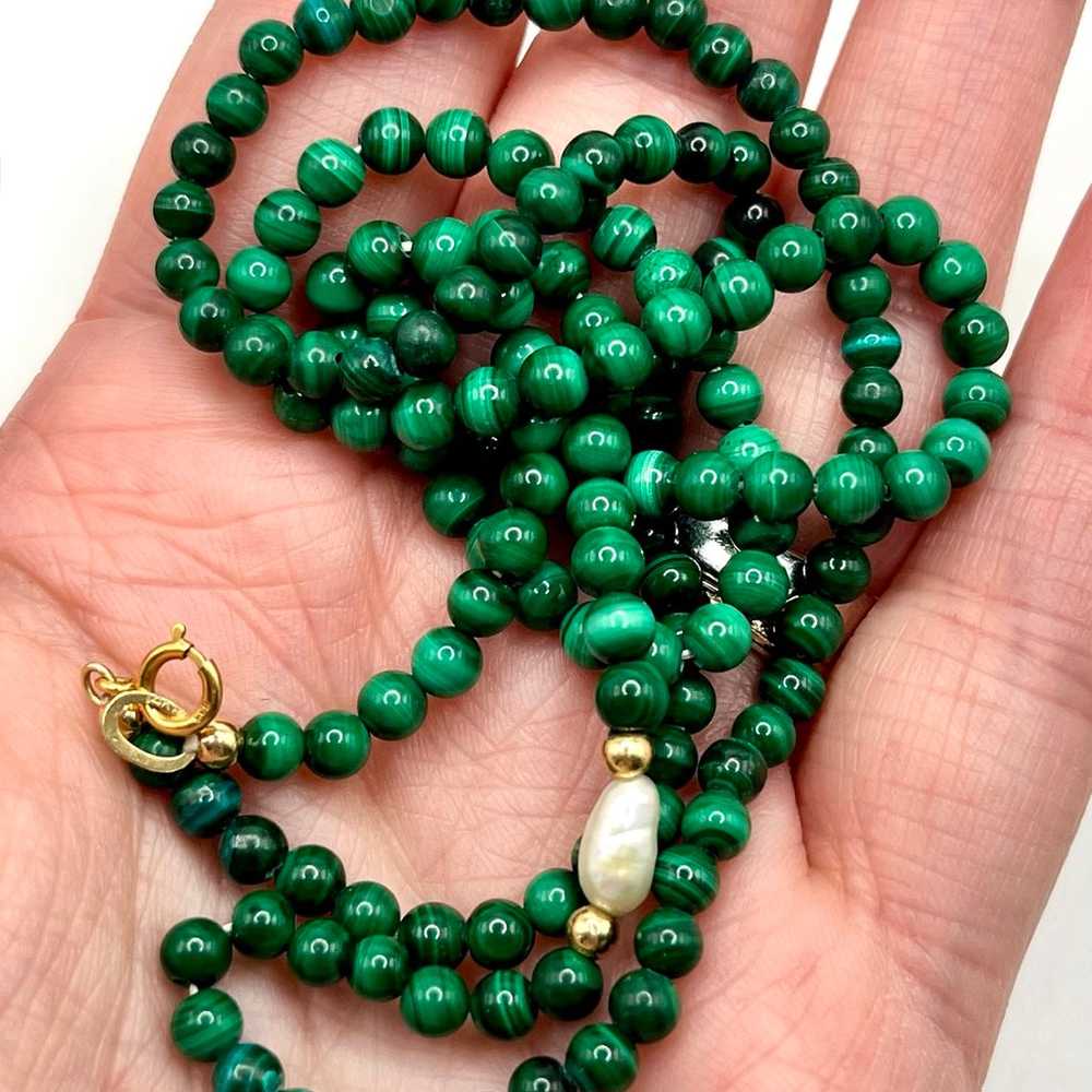 Vintage Malachite Pearl and 14k Gold Beaded Neckl… - image 3