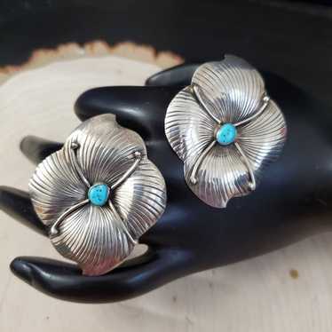 Sterling Silver 925 Turquoise Flower Earrings - image 1