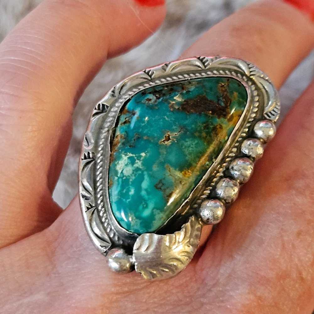 Large Vintage Navajo Turquoise Sterling Silver Ri… - image 1