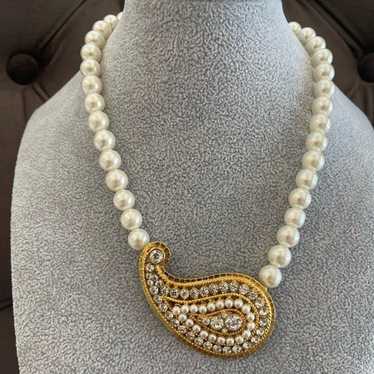 Vintage Signed Craft Pearl Necklace with Rhinesto… - image 1