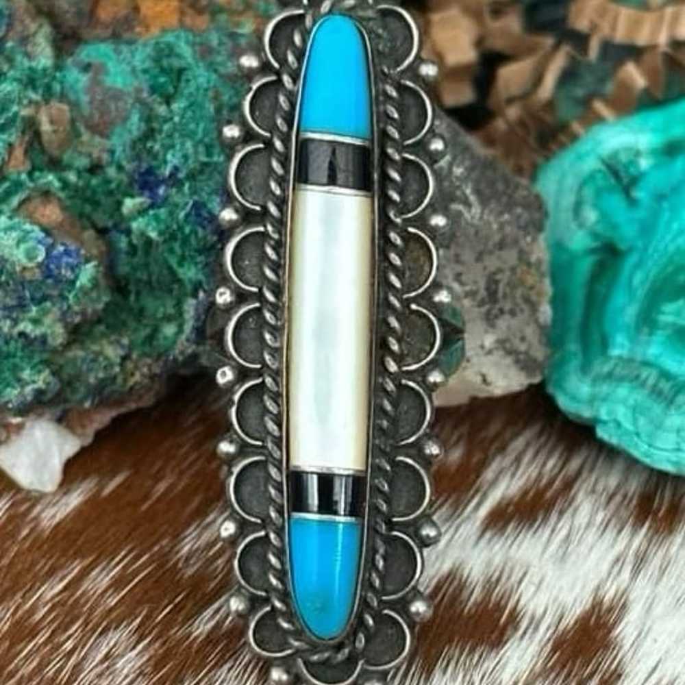 Vintage inlay Zuni Navajo sterling silver stateme… - image 1