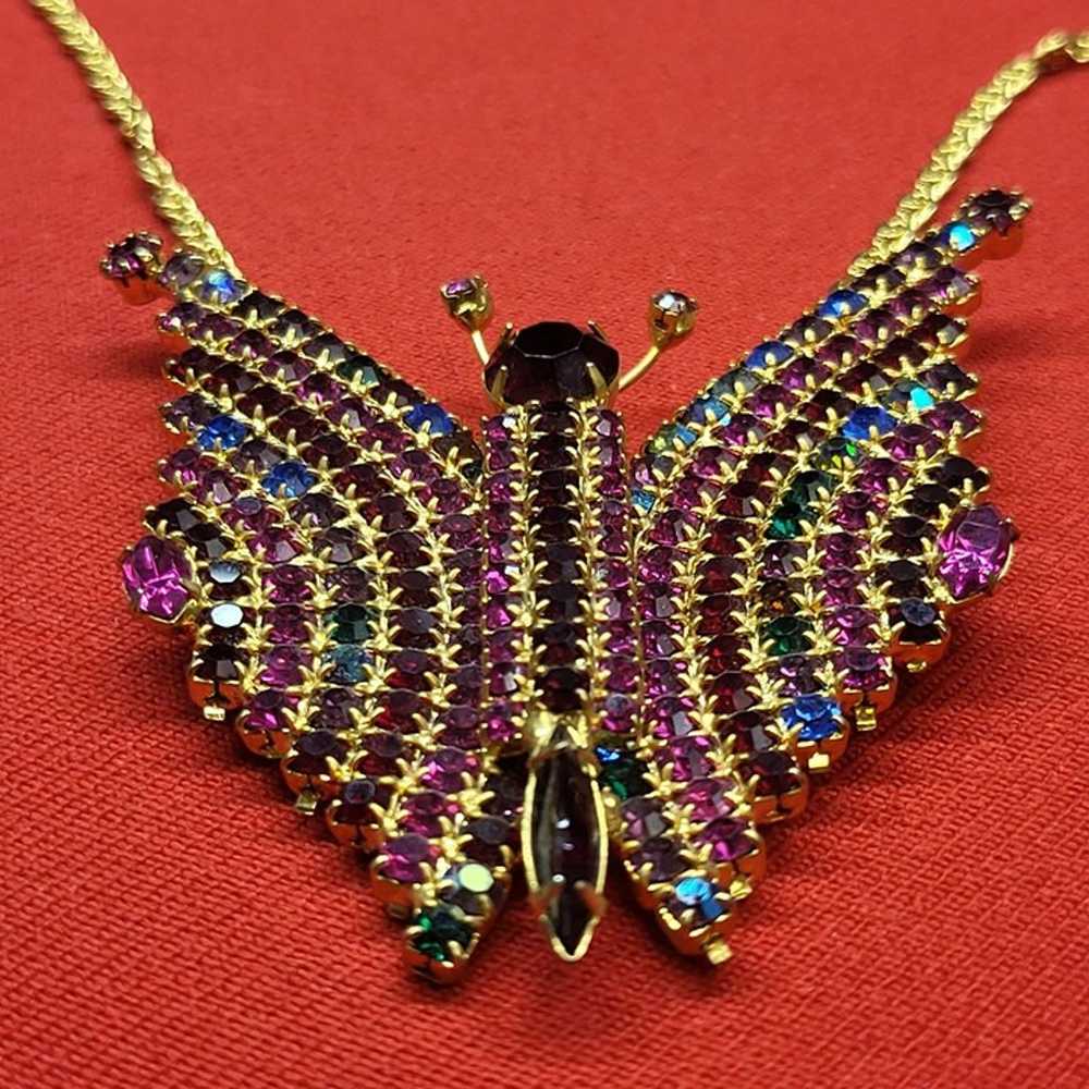 VTG Large Butterfly Multicolored Rhinestone Neckl… - image 11