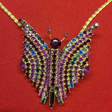 VTG Large Butterfly Multicolored Rhinestone Neckl… - image 1