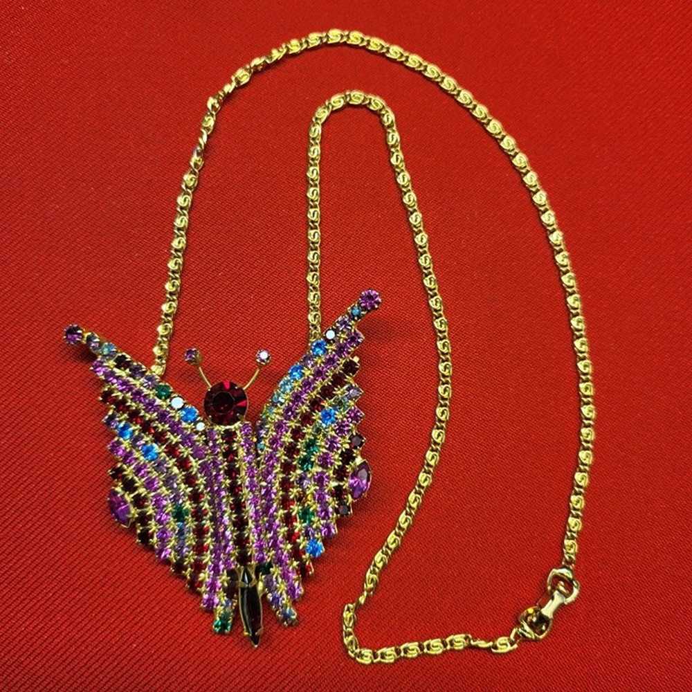 VTG Large Butterfly Multicolored Rhinestone Neckl… - image 8