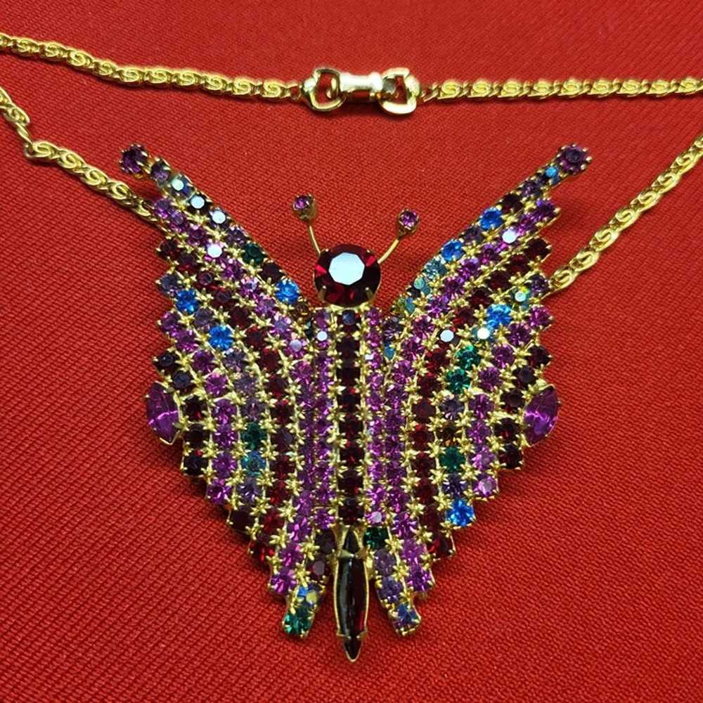 VTG Large Butterfly Multicolored Rhinestone Neckl… - image 9