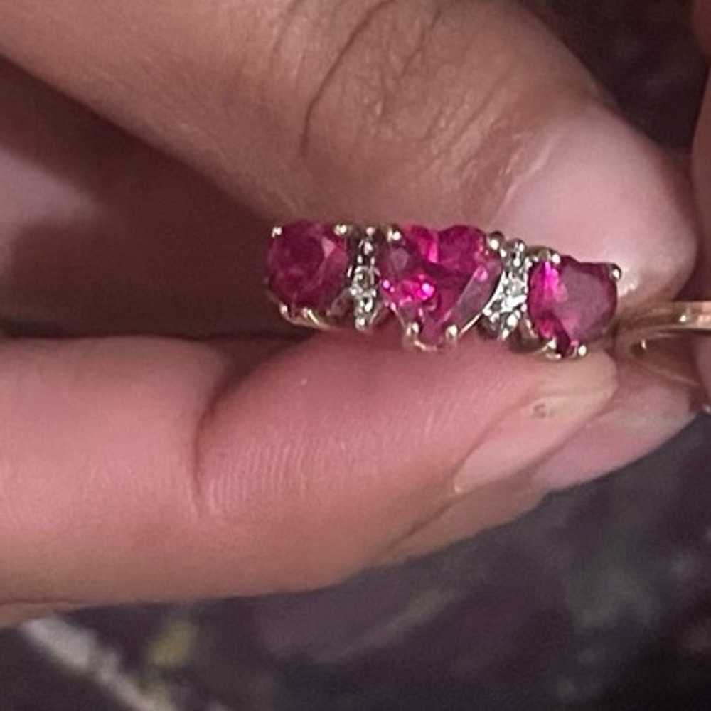 3 Heart Vintage Ruby Diamond 10k Gold Ring - image 2