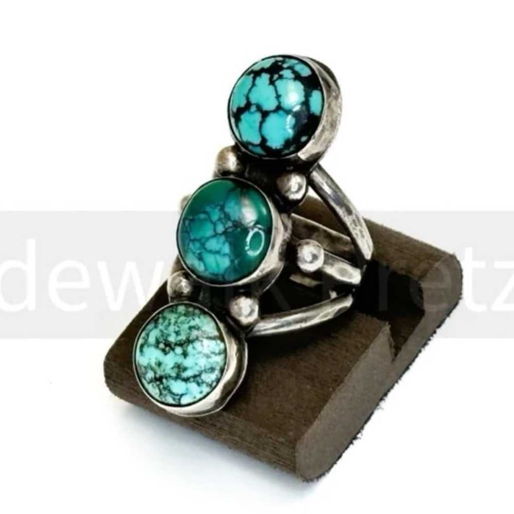 Southwest Sterling + Turquoise Triple Stone Ring - image 3