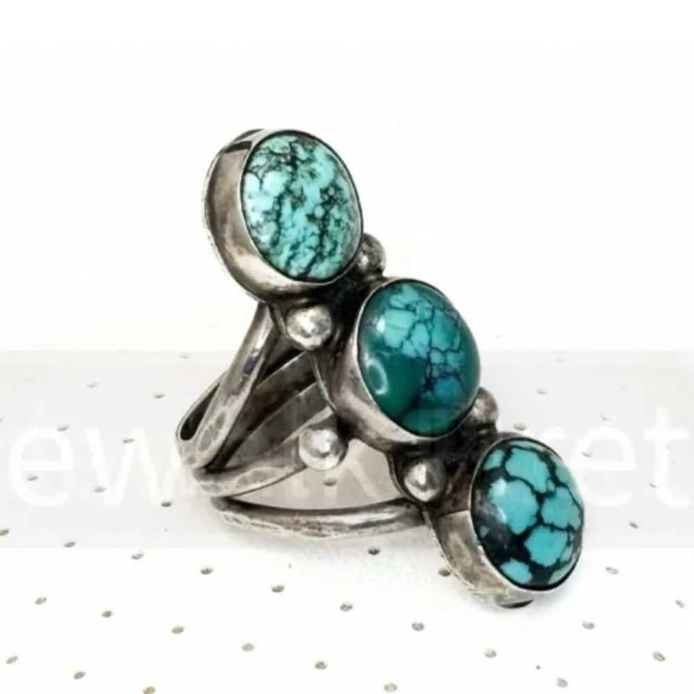 Southwest Sterling + Turquoise Triple Stone Ring - image 5