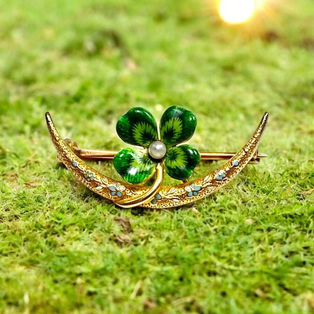 Art Nouveau 14k Yellow Gold Green Enamel Round Pe… - image 1