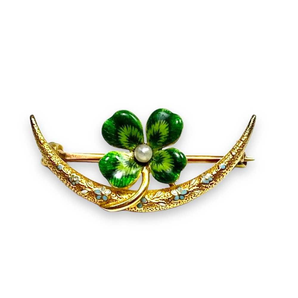 Art Nouveau 14k Yellow Gold Green Enamel Round Pe… - image 2