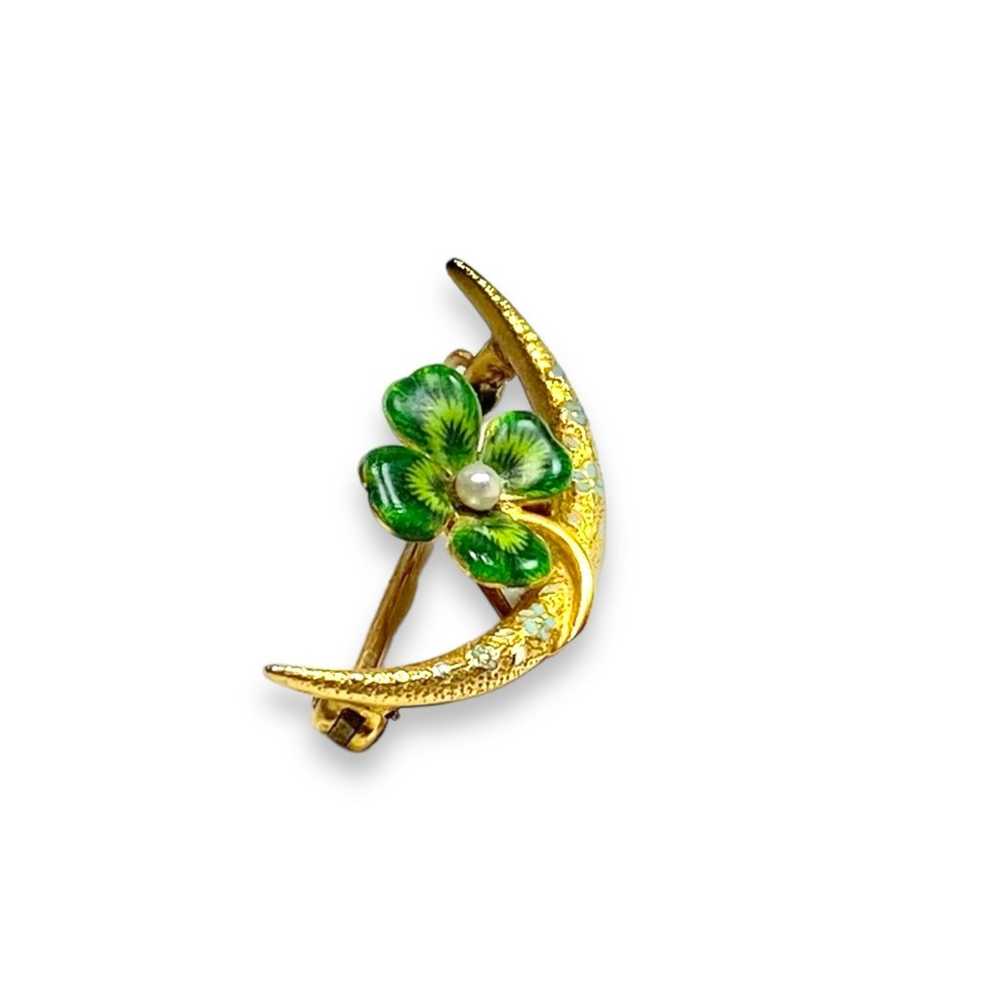 Art Nouveau 14k Yellow Gold Green Enamel Round Pe… - image 3