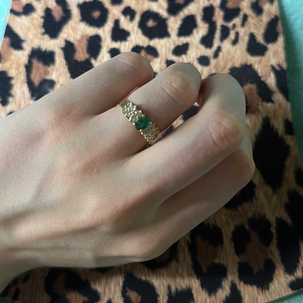 Vintage Emerald + Diamonds 14K Gold Ring - image 2