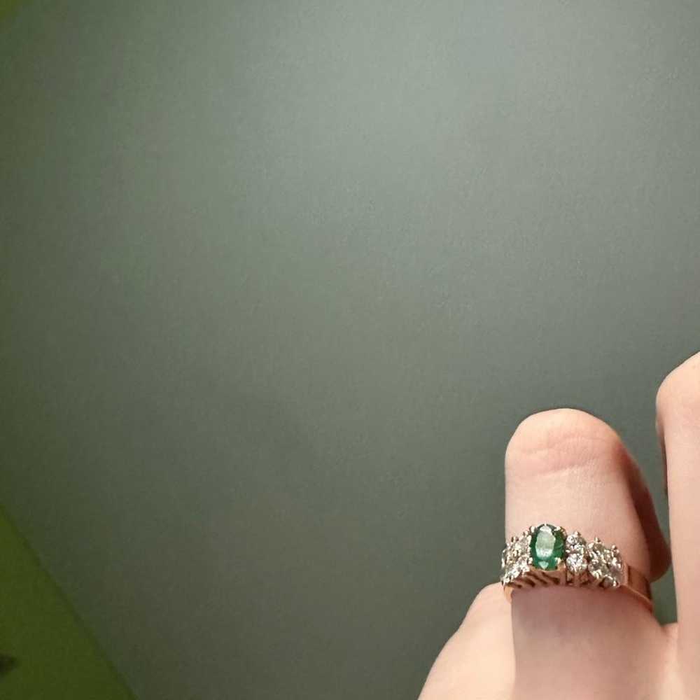 Vintage Emerald + Diamonds 14K Gold Ring - image 3