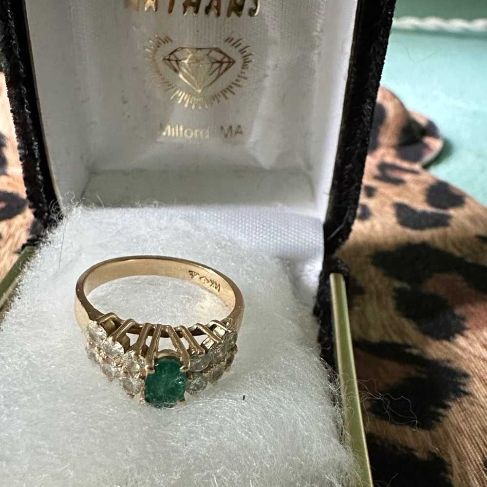 Vintage Emerald + Diamonds 14K Gold Ring - image 4